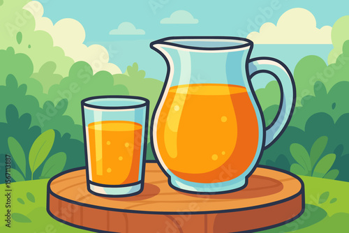 Glass and pitcher of fresh orange juice on a wooden surface outdoors. Summer picnic concept with healthy citrus beverage. Natural refreshment for breakfast. Modern flat vector illustration.