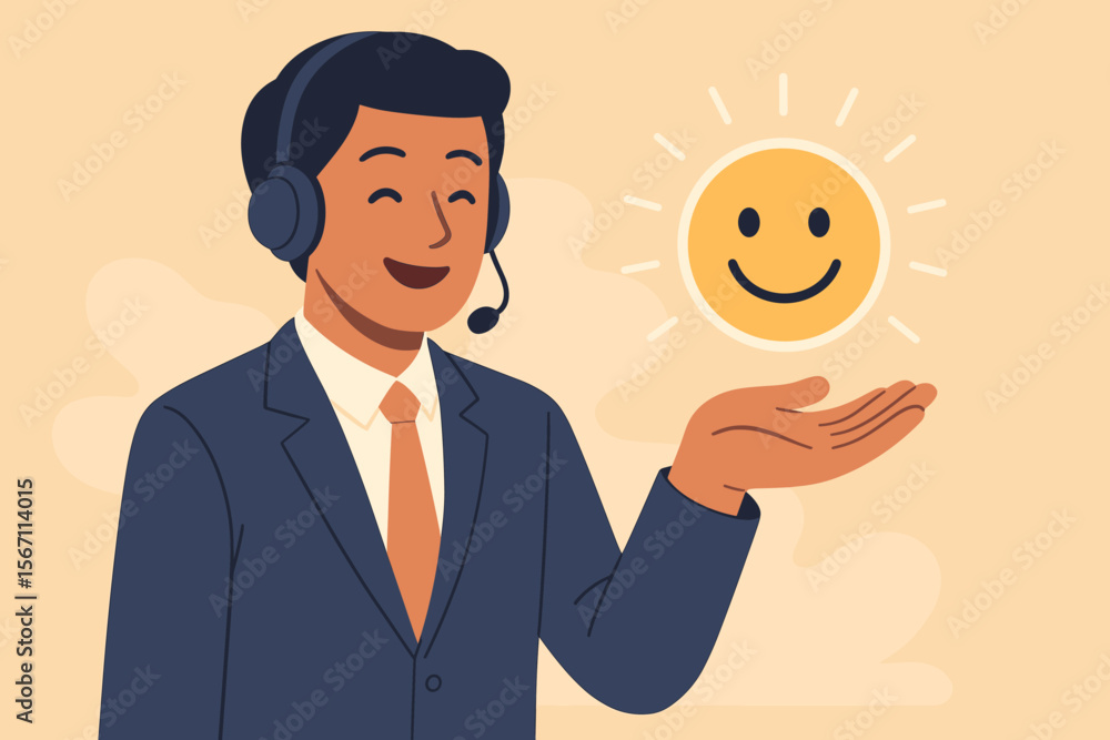Customer Service Satisfaction Concept – Businessman in Suit with Headset Presenting Happy Smile Face Icon, Positive Feedback, Good Review, Virtual Support, Client Experience, Service Excellence Customer Service Satisfaction Concept – Businessman in Suit with Headset Presenting Happy Smile Face Icon, Positive Feedback, Good Review, Virtual Support, Client Experience, Service Excellence