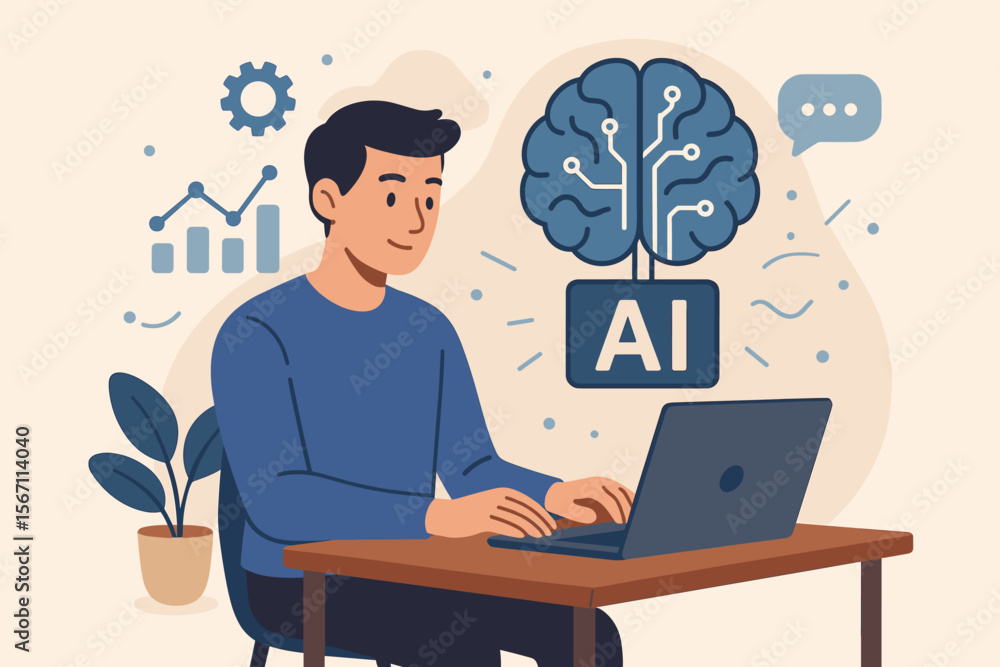 Technology and People Concept: Man Using AI to Enhance Work Productivity, AI Learning, Artificial Intelligence, Business Innovation, Modern Technology, Internet, and Networking Concept Technology and People Concept: Man Using AI to Enhance Work Productivity, AI Learning, Artificial Intelligence, Business Innovation, Modern Technology, Internet, and Networking Concept