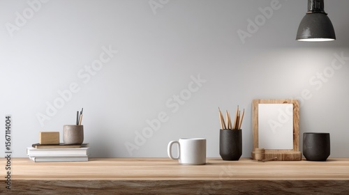 Minimalist wooden desk with neat accessories, embodying simplicity and focus in a clean workspace.
