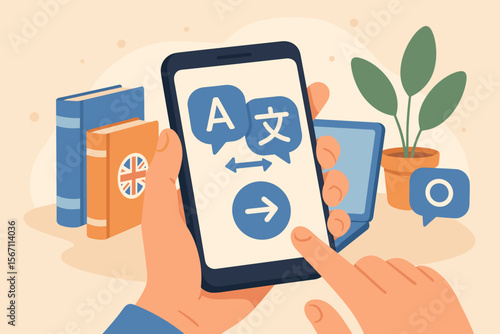 Mobile Translator App for Language Learning and Communication. Hand Holding Smartphone with Translation Interface, Speech Bubbles, Books, English Dictionary, Plant. Modern Flat Vector Illustration