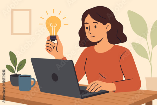 Woman with Creative Idea Working on Laptop at Home Office Desk, Holding Glowing Light Bulb, Modern Flat Vector Illustration, Inspiration, Productivity, Remote Work, Cozy Workspace, Indoor Plants