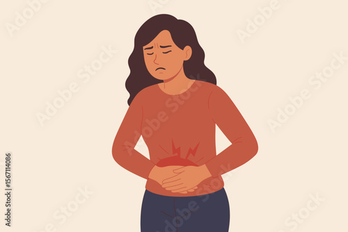 Woman Experiencing Abdominal Pain, Stomachache, Menstrual Cramps, Gastric Ulcer, Appendicitis, Gastrointestinal Disease, Healthcare Concept, Female Holding Stomach, Pain Relief, Medical Illustration