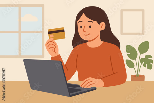 Woman Online Shopping with Credit Card at Home, Modern Flat Vector Illustration, Female Using Laptop, Secure Payment, E-commerce, Digital Purchase, Cozy Interior, Houseplant, Window, Casual Lifestyle