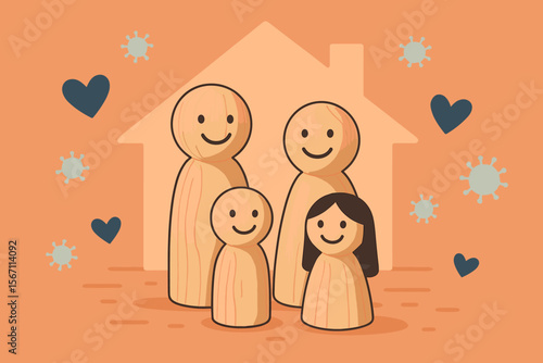 Wooden Family Figures, Happy Faces, Family Home, Adoption, Foster Care, Homeless Support, Family Mental Health, Domestic Violence, Social Distancing, Pandemic, Love, Modern Flat Vector