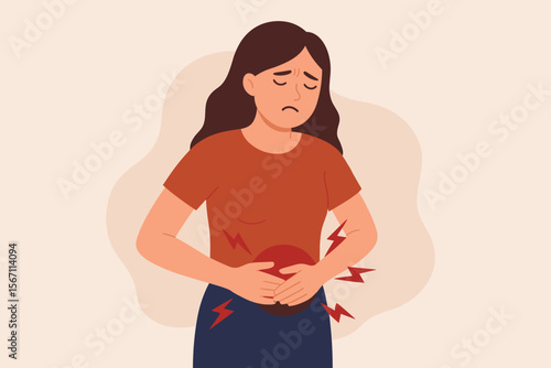 Woman Experiencing Abdominal Pain, Stomachache, Menstrual Cramps, Gastric Ulcer, Appendicitis, Gastrointestinal Disease, Healthcare Concept, Holding Stomach, Painful Expression, Medical Illustration