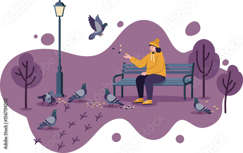 Person feeding pigeons in park with purple trees and lamppost during peaceful moment 