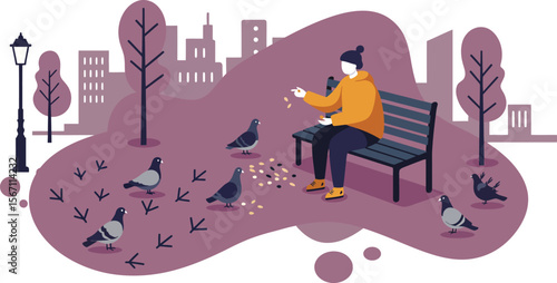 Man feeding pigeons in urban park sitting on bench surrounded by trees and cityscape in purple and orange tones 
