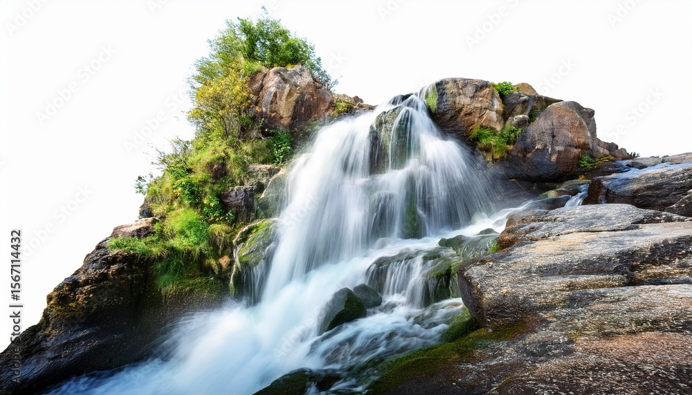 Fototapeta premium waterfall cascading down rocks in a lush jungle surrounded by green foliage mist rising dramatic nature background