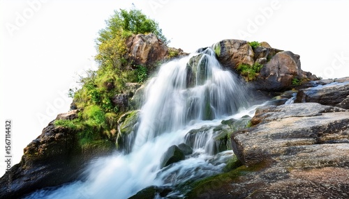 waterfall cascading down rocks in a lush jungle surrounded by green foliage mist rising dramatic nature background