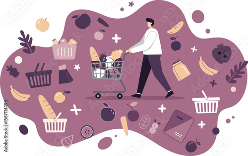 Man shopping with cart surrounded by grocery items and baskets in abstract purple background illustration 