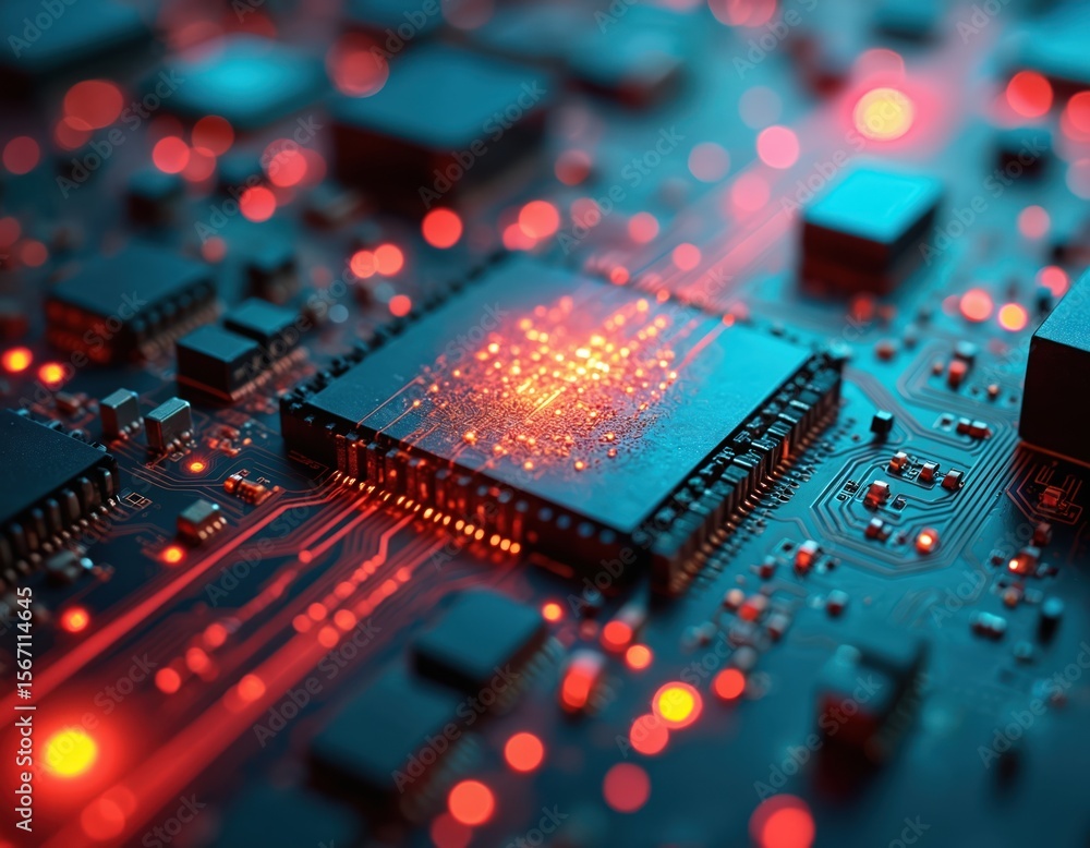 Close-up fiber optic glowing printed circuit board. Computer chip, computer part, tech, connection, futuristic. Illuminated circuit board, equipment, computer, security, complexity, communication, Close-up fiber optic glowing printed circuit board. Computer chip, computer part, tech, connection, futuristic. Illuminated circuit board, equipment, computer, security, complexity, communication,