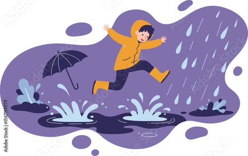 Child in yellow raincoat jumping over puddles on rainy day with umbrella in background digital illustration 