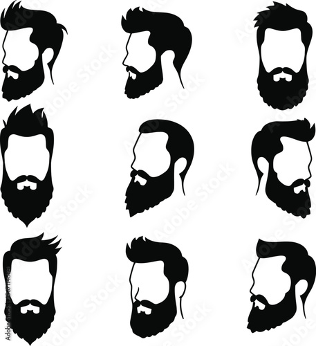 Nine stylish bearded men silhouettes profile views