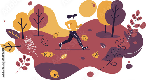 Woman running through autumn forest with falling leaves and colorful trees in serene outdoor scene 
