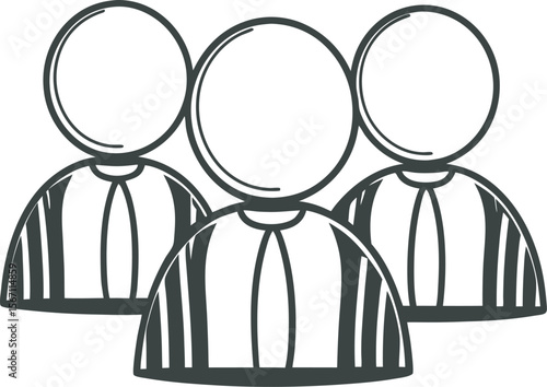 Hand-drawn vector illustration of three anonymous people, teamwork concept, minimalist style, black and white. isolated on a white background