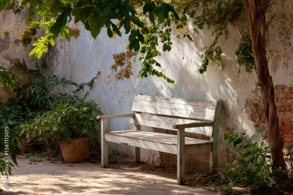 Obraz premium A serene old city courtyard featuring a rustic bench surrounded by lush plants and soft, muted colors. 