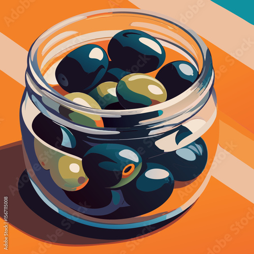 Jar with marinated olives showcased in a glass jar, inviting tasting. This presentation highlights jar with marinated olives, reflecting vibrant colors.