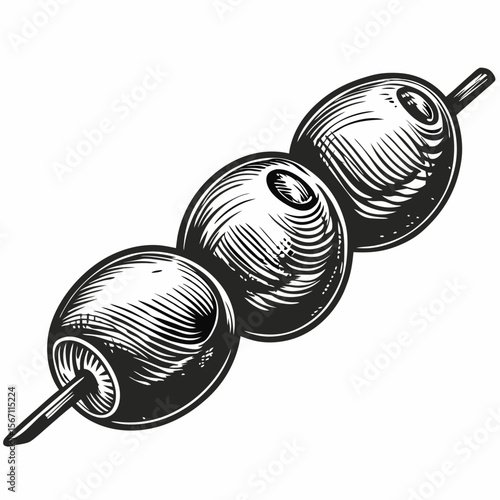 Three olives on a skewer, artistic engraving style illustration of olives is perfect for culinary designs. Vintage three olives on a skewer is ideal for restaurant menus and food-related graphics.