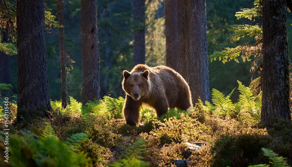 Obraz premium majestic brown bear strides confidently through sun dappled forest its fur aglow in soft light towering conifers lush ferns surround bear creating tranquil yet wild habitat
