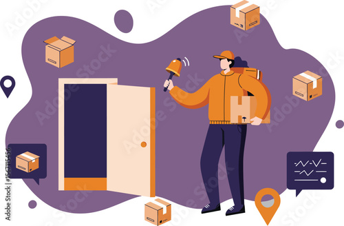 Delivery person holding package near open door with boxes and location pins in flat design style 