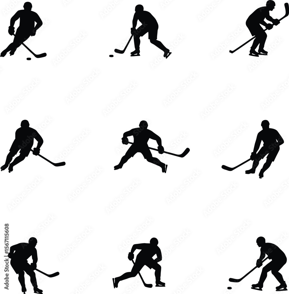Obraz premium Nine hockey player silhouettes action poses ice hockey club logo