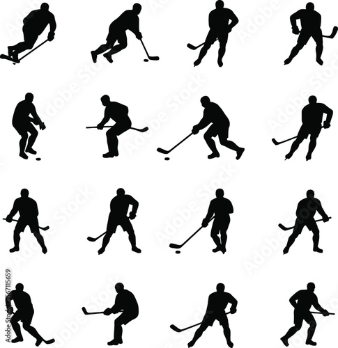 Twelve hockey player silhouettes action poses puck stick