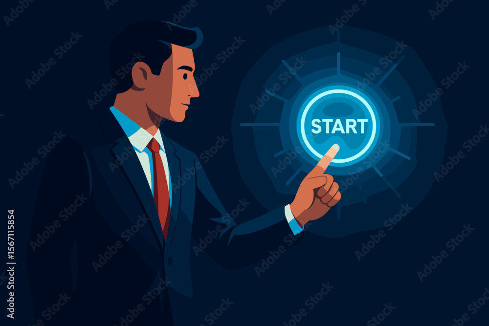 Businessman presses a glowing virtual start button. Metaphor for new beginnings, business launch, project startup, career opportunities, and future technology innovation. Vector. Businessman presses a glowing virtual start button. Metaphor for new beginnings, business launch, project startup, career opportunities, and future technology innovation. Vector.