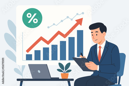 Businessman analyzing financial data on a digital graph for long-term investment. Concept of company profitability, corporate success, positive indicators, and economic growth.