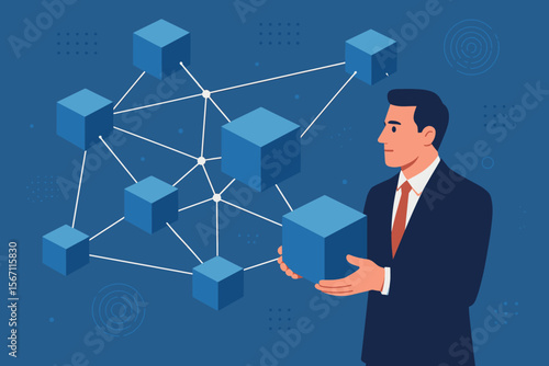 Businessman holding cube in a block network. Blockchain technology concept for big data, fintech, and cryptocurrency. Symbolic of innovation, security, and decentralized systems.