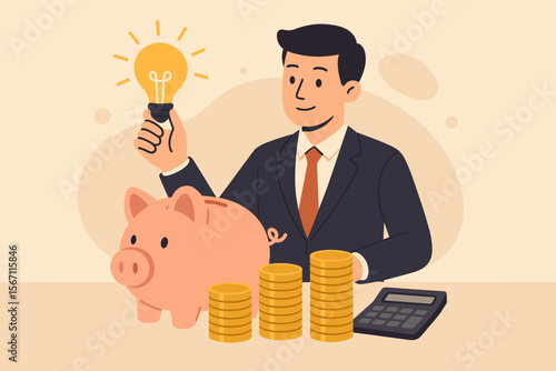 Smart business idea for investment and savings. Businessman with lightbulb, piggy bank, and coins. Financial planning concept for success, profit, wealth, and budget management.
