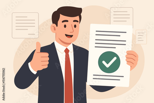 Happy businessman with thumbs up holding an approved contract with a checkmark. Concept of a successful deal, verified document, business project approval and agreement confirmation.