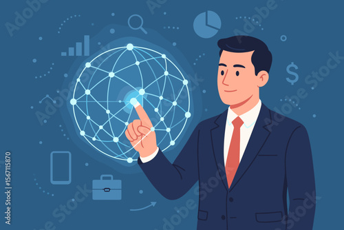 Businessman touching a global network. Concept for business intelligence, data science, analytics, finance, and banking. Digital technology and global business connection vector.