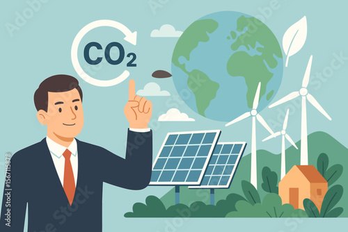 Businessman reducing CO2 emissions to limit global warming. Carbon footprint reduction concept for climate change. Sustainable business with renewable energy, solar panels, and wind.