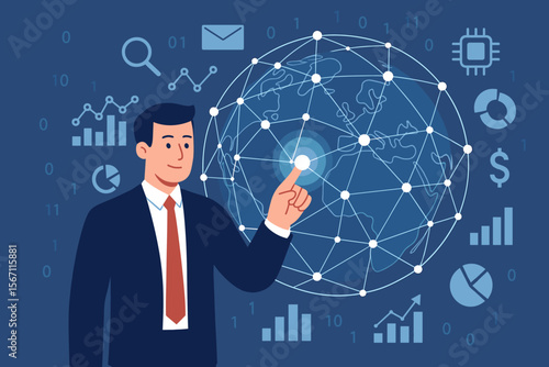 Businessman touching a global network interface. Business intelligence, big data analysis, data science, and digital marketing concept. Global business strategy, fintech, and banking.
