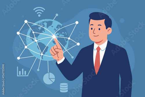 Businessman touching a global network connection and data exchange on a virtual world map. Technology concept of big data, AI, and international business. Modern flat vector illustration.