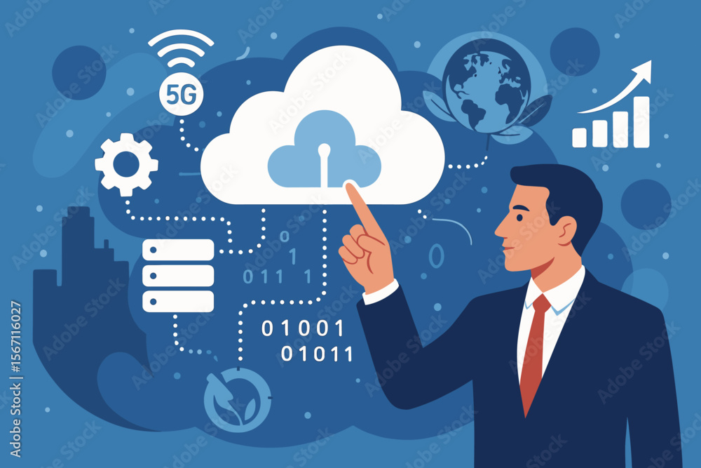 Cloud computing technology innovation, 5G wireless network, global business growth, eco-friendly automated infrastructure, businessman connecting to digital data, binary code, smart city Cloud computing technology innovation, 5G wireless network, global business growth, eco-friendly automated infrastructure, businessman connecting to digital data, binary code, smart city