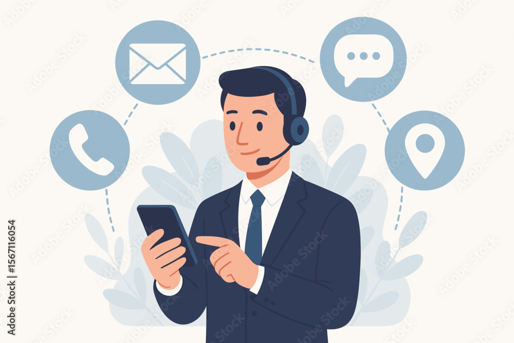 Customer support hotline concept. Businessman using smartphone with headset. Contact us icons: email, phone call, chat message, location. Communication, help desk, service center vector illustration Customer support hotline concept. Businessman using smartphone with headset. Contact us icons: email, phone call, chat message, location. Communication, help desk, service center vector illustration