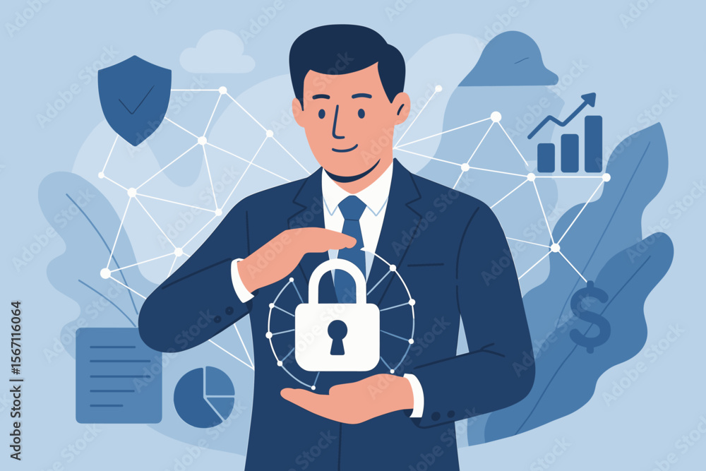 Cyber security data protection concept. Businessman in suit holding padlock symbol, protecting business financial data, virtual network connection, secure innovation technology, privacy safety Cyber security data protection concept. Businessman in suit holding padlock symbol, protecting business financial data, virtual network connection, secure innovation technology, privacy safety