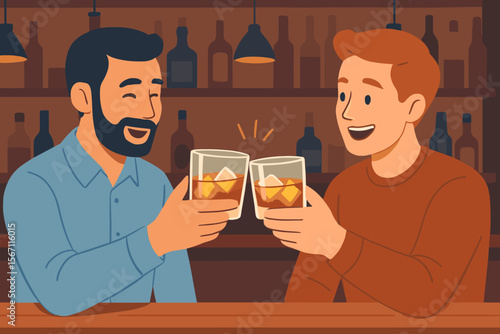 Two men toasting whiskey glasses at bar counter, friends celebrating with drinks, modern flat vector illustration, social gathering, nightlife, pub atmosphere, friendship, beverage enjoyment