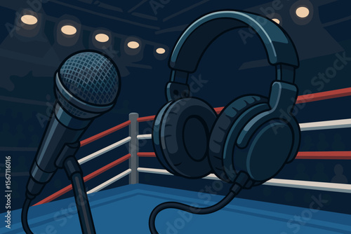 Boxing ring announcer microphone and headphones. Sports commentary broadcast equipment. Arena spotlight, crowd background. Modern flat vector illustration for podcast, live event, media, audio concept