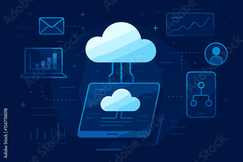 Futuristic Cloud Computing Concept Illustration. Digital Data Storage, Network Connectivity, Secure Online Access, Device Synchronization, Modern Technology, Flat Vector Design, Blue Background