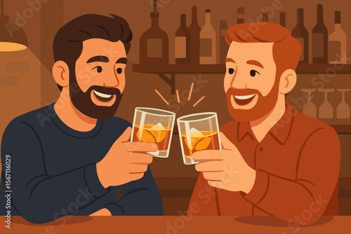 Two men clinking whiskey glasses at bar counter, celebrating friendship, social gathering, cheers, modern flat vector illustration, cozy pub interior, alcohol beverage, nightlife concept