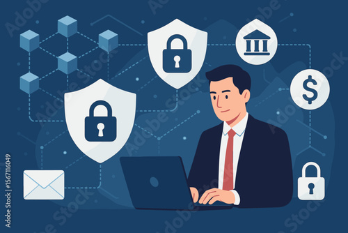 Cyber security protection concept. Businessman using laptop for encrypted blockchain network, secure data exchange, privacy defense, financial banking information, email safety, digital lock icons