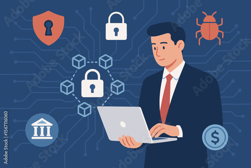 Businessman Using Laptop for Cyber Security, Blockchain Network Protection, Encrypted Data Privacy, Financial and Banking Security, Malware Defense, Secure Online Transactions, Digital Shield