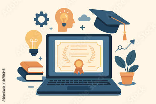 Online Education Graduate Certificate Program Concept. E-learning Course Degree on Laptop, Study Knowledge, Creative Thinking, Problem Solving, Innovation, Modern Digital Learning Illustration