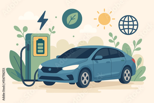 Electric car charging at eco-friendly battery station, sustainable energy concept, green transportation, renewable power, environmental protection, modern flat vector illustration