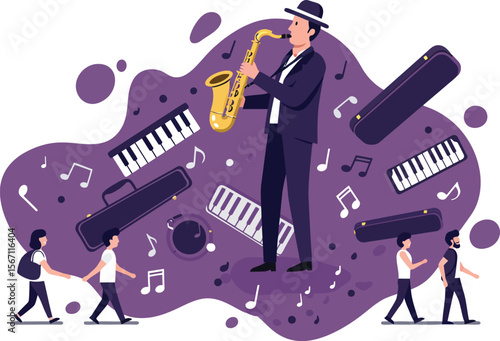 Jazz musician playing saxophone surrounded by keyboards and music notes in purple artistic style 