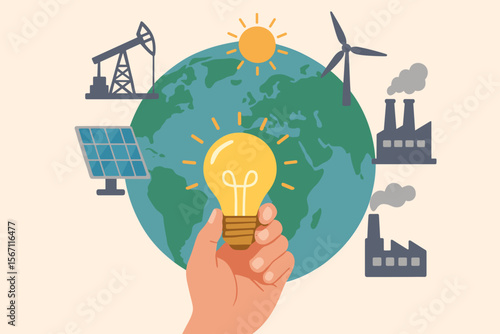 Hand Holding Light Bulb in Front of Earth Globe Illustrating Global Energy Consumption, Renewable and Nonrenewable Sources, Solar, Wind, Oil, Factory Pollution, Sustainability Concept Vector
