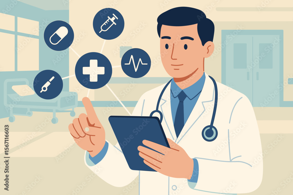 Medical doctor with stethoscope using digital tablet to access healthcare information network, hospital background, modern flat vector illustration, telemedicine, health technology, data interface Medical doctor with stethoscope using digital tablet to access healthcare information network, hospital background, modern flat vector illustration, telemedicine, health technology, data interface